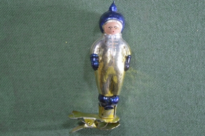 Игрушка елочная стеклянная "Мальчик Космонавт, водолаз". Синий. Новогодняя. Стекло, прищепка. СССР.