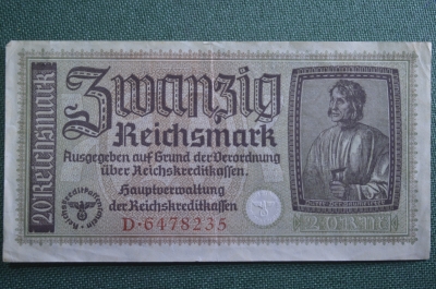 Бона, банкнота 20 марок, рейхсмарок 1940 - 1945 гг. Германия, 3 Рейх.