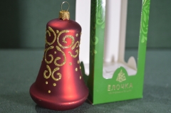 Елочная игрушка из стекла, колокольчик "Вуаль", красный. Стекло. Клинское объединение "Елочка".