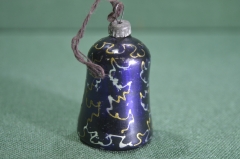 Елочная игрушка "Колокольчик синий с узорами, колокол". Стекло. ГДР. Германия. 