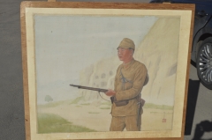 Картина "Японский военный, охраняющий объект в Китае". Холст, акварель. Япония. 1940е. 