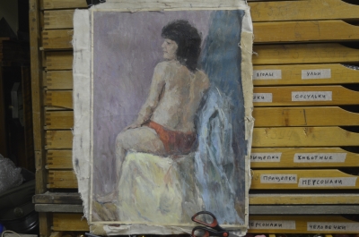 Картина "Женщина в красных трусах". Холст, масло. Автор неизвестен. Размеры: 42 * 57 см.