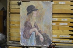 Картина "Дама в шлапке". Холст, масло. Автор неизвестен. Размеры: 42 * 58 см.