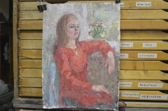 Картина "Девушка в красном". Холст, масло. Автор неизвестен. Размеры: 42 * 58 см.