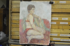 Картина "Женщина в красном купальнике". Холст, масло. Автор неизвестен. Размеры: 42 * 58 см.